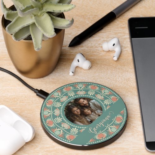 Personalized Retro Sage &amp; Sand Mandala Photo Frame Wireless Charger