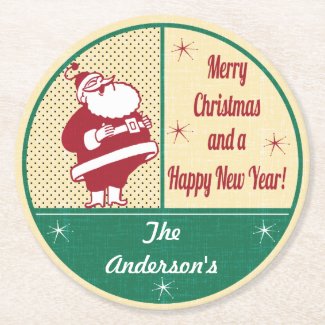 Personalized Retro Santa Christmas Round Paper Coaster