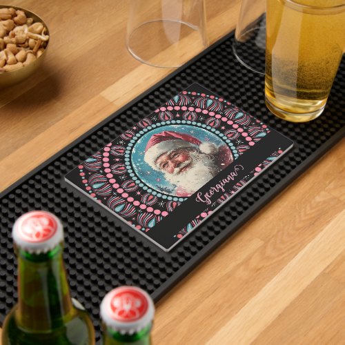Personalized Retro Santa Pinkmas Floral Mandala Bar Mat