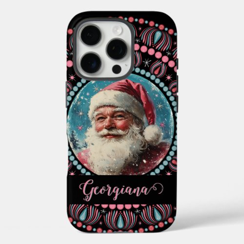 Personalized Retro Santa Pinkmas Floral Mandala iPhone 16 Pro Case