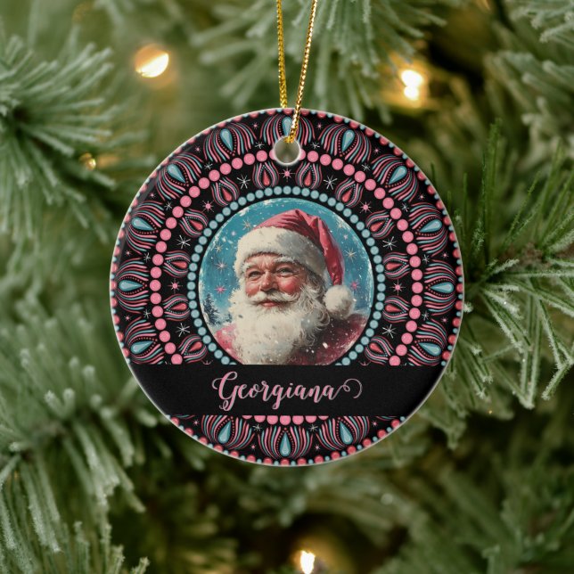 Personalized Retro Santa Pinkmas Floral Mandala Ceramic Ornament (Tree)