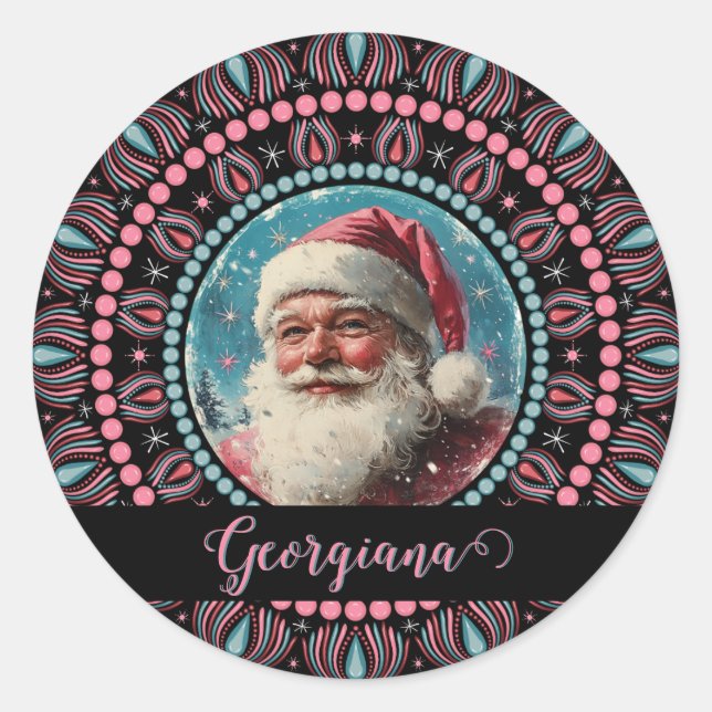 Personalized Retro Santa Pinkmas Floral Mandala Cl Classic Round Sticker (Front)