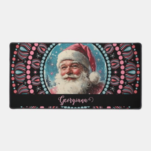 Personalized Retro Santa Pinkmas Floral Mandala Desk Mat