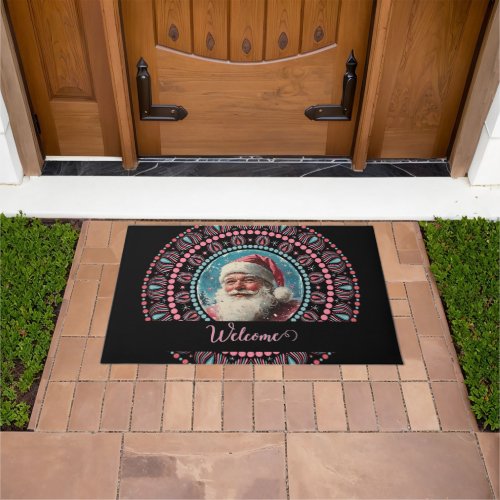 Personalized Retro Santa Pinkmas Floral Mandala Doormat