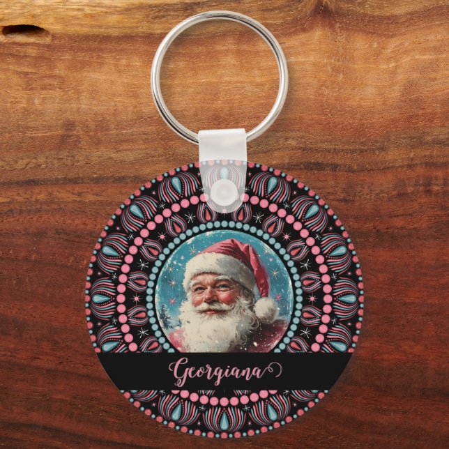 Personalized Retro Santa Pinkmas Floral Mandala Keychain (Front)