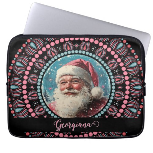 Personalized Retro Santa Pinkmas Floral Mandala Laptop Sleeve