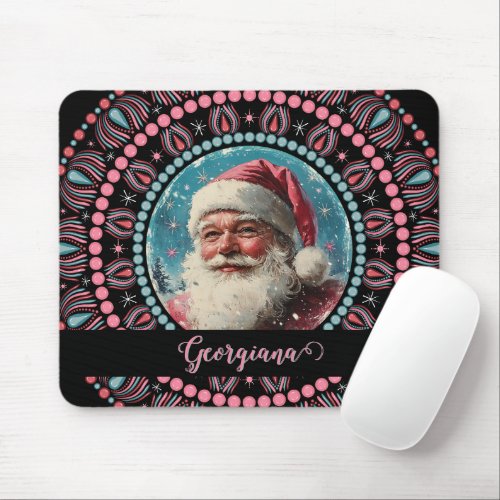 Personalized Retro Santa Pinkmas Floral Mandala Mouse Pad