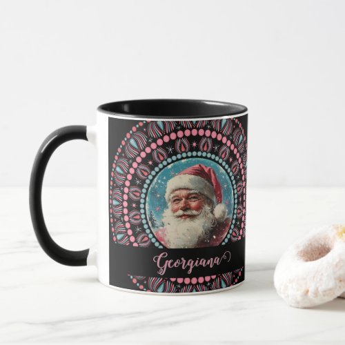 Personalized Retro Santa Pinkmas Floral Mandala Mug