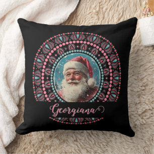 Personalized Retro Santa Pinkmas Floral Mandala Throw Pillow