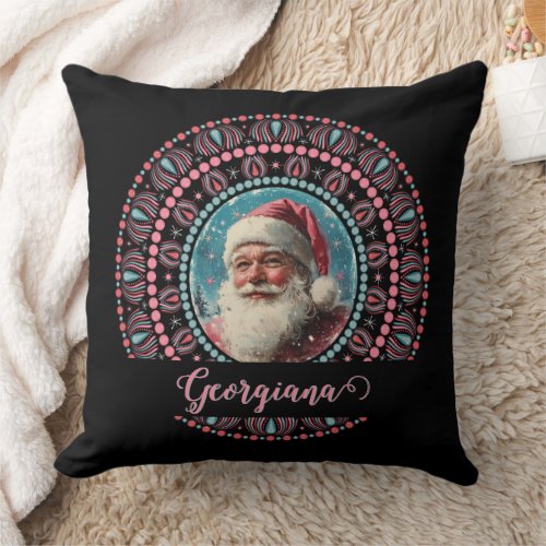 Personalized Retro Santa Pinkmas Floral Mandala Throw Pillow