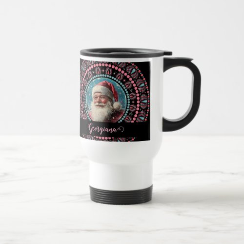 Personalized Retro Santa Pinkmas Floral Mandala Travel Mug