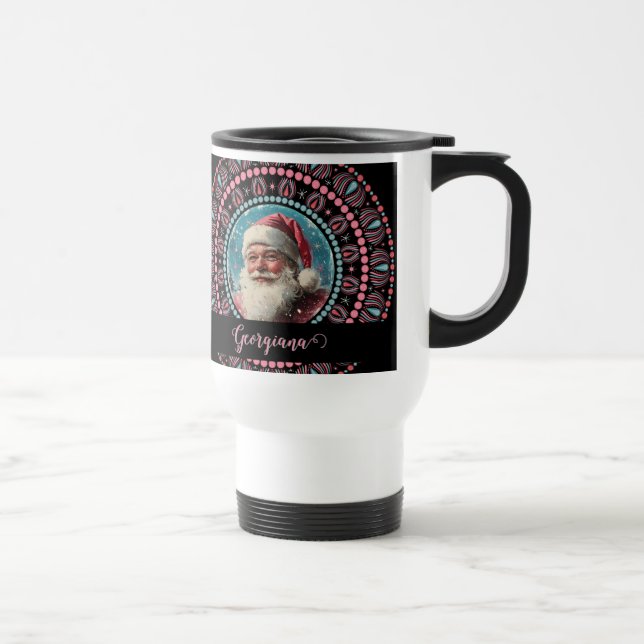 Personalized Retro Santa Pinkmas Floral Mandala Travel Mug (Right)