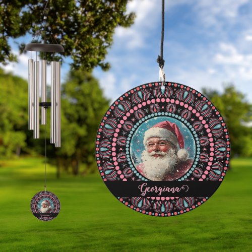 Personalized Retro Santa Pinkmas Floral Mandala Wind Chime
