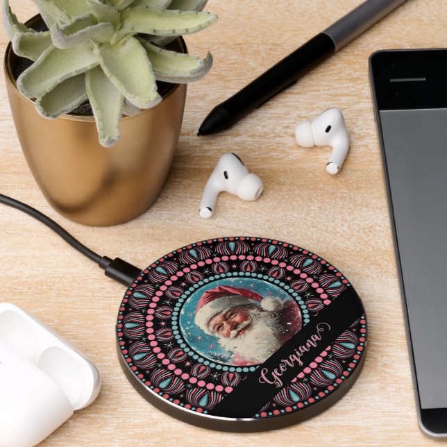 Personalized Retro Santa Pinkmas Floral Mandala Wireless Charger (Desk 2)