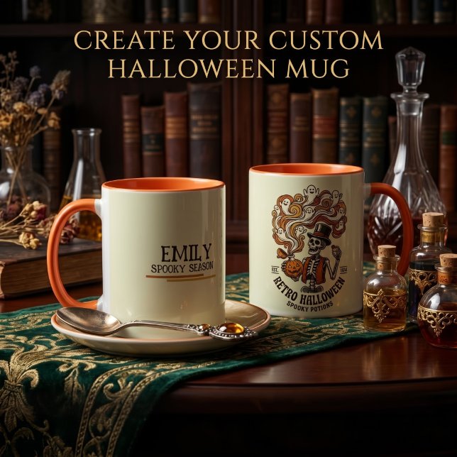 Personalized Retro Skeleton Spooky Potion Mug (Double-sided retro skeleton mug with personalized name and custom Halloween text.)
