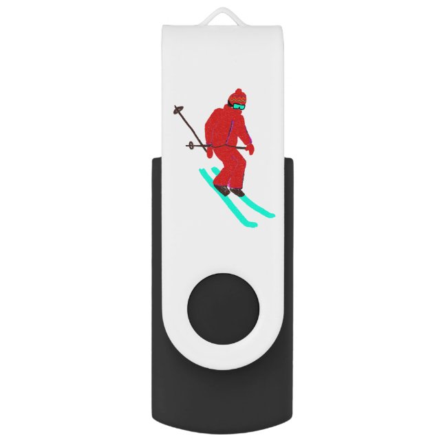 Personalized Retro Skier Skiing Ski Illustrated   Flash Drive (Front Vertical)