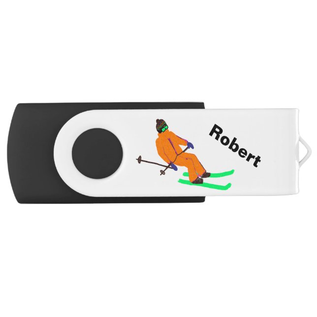 Personalized Retro Skier Skiing Ski Illustrated  Flash Drive (Front)