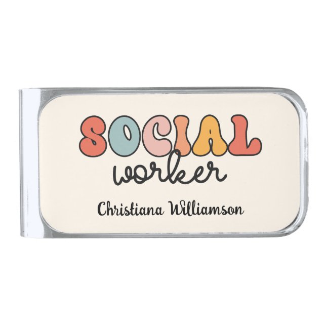 Personalized Retro Social Worker Silver Finish Money Clip (Front)