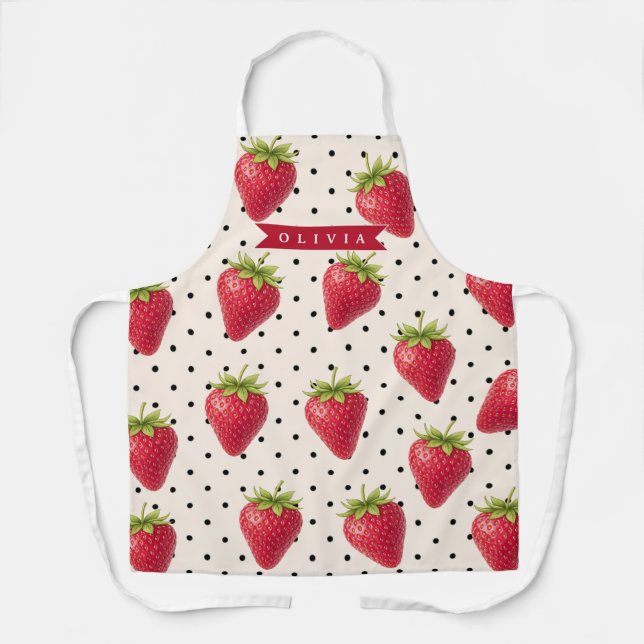 Personalized Retro Strawberry Polka Dot Vintage Apron (Front)