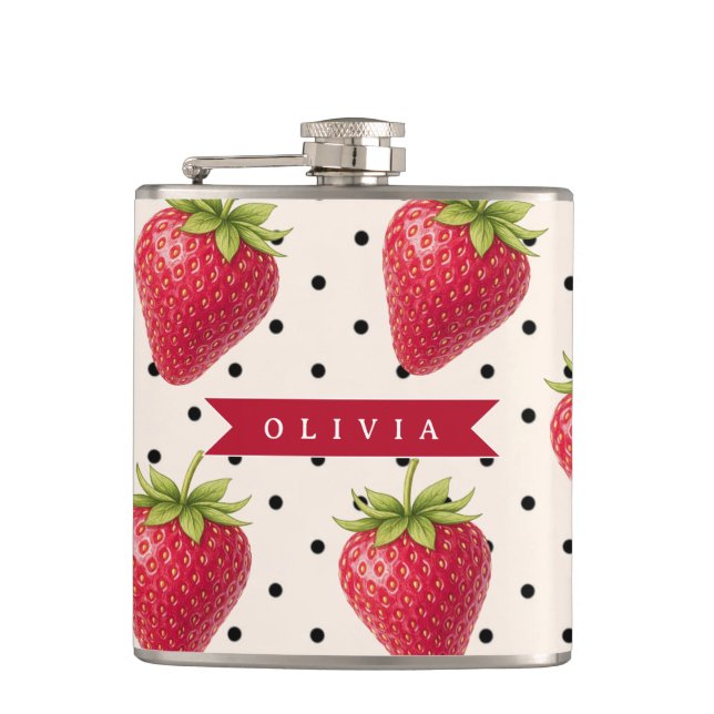 Personalized Retro Strawberry Polka Dot Vintage Flask (Front)