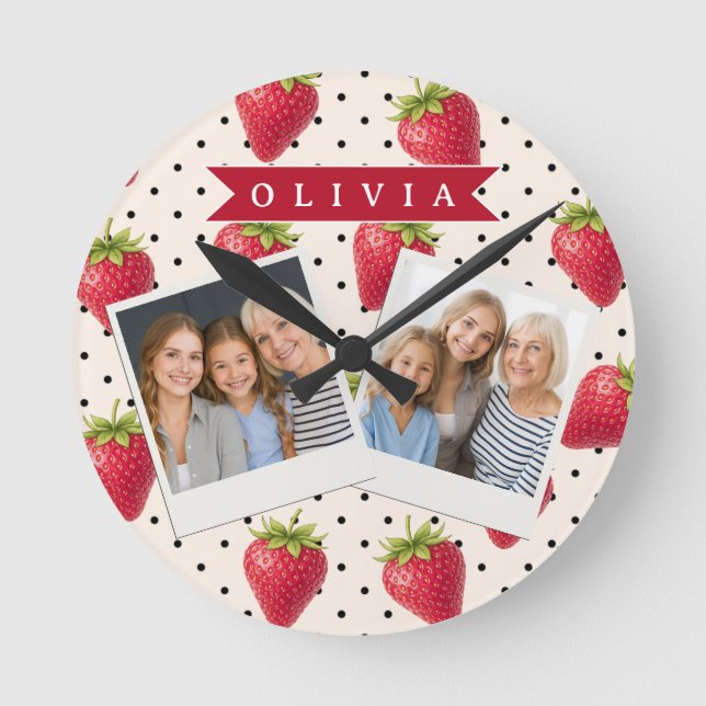 Personalized Retro Strawberry Polka Dot Vintage Round Clock (Front)