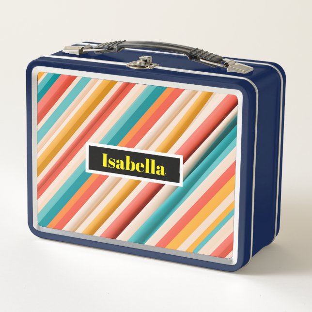 Personalized Retro Striped Metal Lunch Box  (Front)