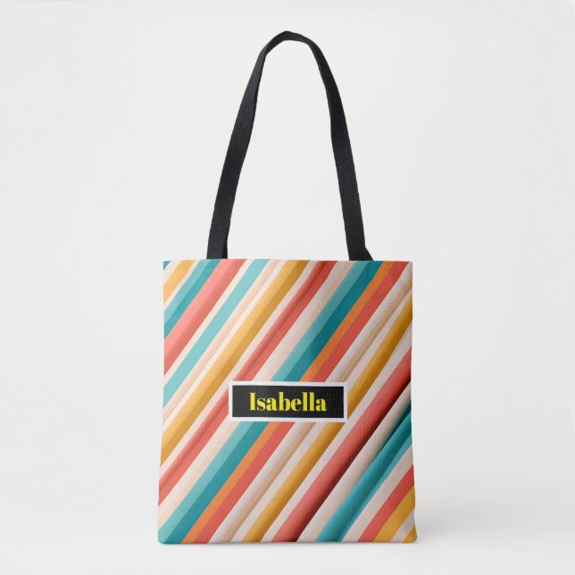 Personalized Retro Striped Shoulder Tote  Bag (Front)