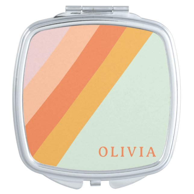 Personalized Retro Stripes Mint Peach Pastel Compact Mirror (Front)