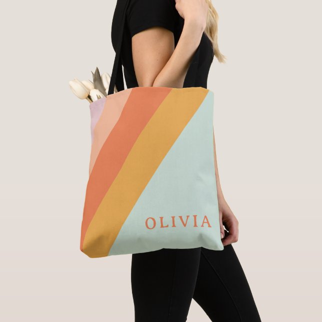 Personalized Retro Stripes Mint Peach Pastel Tote Bag (Close Up)