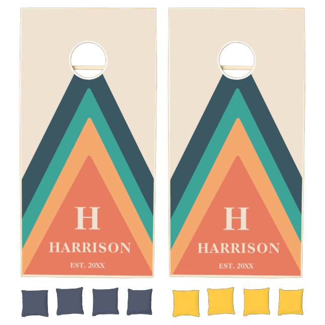 Personalized Retro Stripes Orange Monogram Cornhole Set (Set)