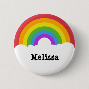 Personalized Retro Style Round Rainbow and Clouds Button