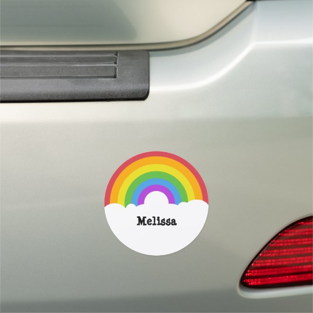 Personalized Retro Style Round Rainbow and Clouds Car Magnet (In Situ)