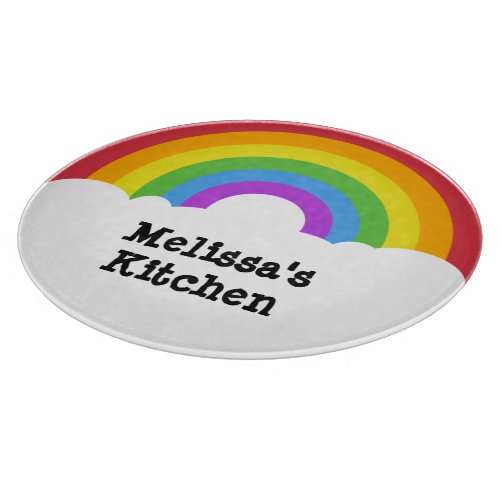 Personalized Retro Style Round Rainbow and Clouds Cutting Board