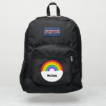 Personalized Retro Style Round Rainbow and Clouds JanSport Backpack<br><div class="desc">Create your own personalized backpack with a colorful touch. This backpack features a round graphic of a rainbow in a retro style with white clouds below.  Add your own name or other text in bold black lettering to the white clouds.</div>