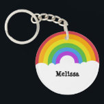 Personalized Retro Style Round Rainbow and Clouds Keychain<br><div class="desc">Add a name or other message to create your own custom keychain. This round keychain features a retro style illustration of a rainbow in bright colors with white clouds below. Your text appears in bold black lettering in the white clouds.</div>