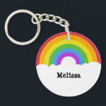 Personalized Retro Style Round Rainbow and Clouds Keychain<br><div class="desc">Add a name or other message to create your own custom keychain. This round keychain features a retro style illustration of a rainbow in bright colors with white clouds below. Your text appears in bold black lettering in the white clouds.</div>