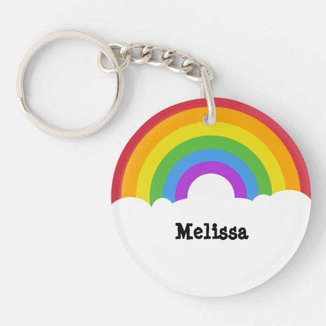 Personalized Retro Style Round Rainbow and Clouds Keychain (Front)