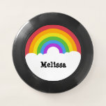 Personalized Retro Style Round Rainbow and Clouds Wham-O Frisbee<br><div class="desc">This Frisbee features an illustration of a rainbow in a retro style in bright colors with white clouds beneath it. It's ready to be personalized with a name or other text in bold black lettering against the white clouds background.</div>
