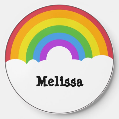 Personalized Retro Style Round Rainbow and Clouds Wireless Charger