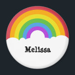 Personalized Retro Style Round Rainbow Magnet<br><div class="desc">Brighten up your refrigerator with this round magnet that's ready to be personalized with a name or other text. This circle shaped magnet has a retro style rainbow and clouds illustration in bold,  bright colors. Your name appears in black lettering in the white clouds.</div>
