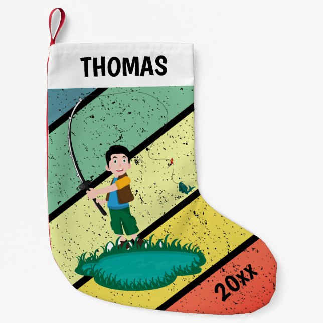 Personalized Retro Sunset Boy Child Bass Fishing Small Christmas Stocking (Front)