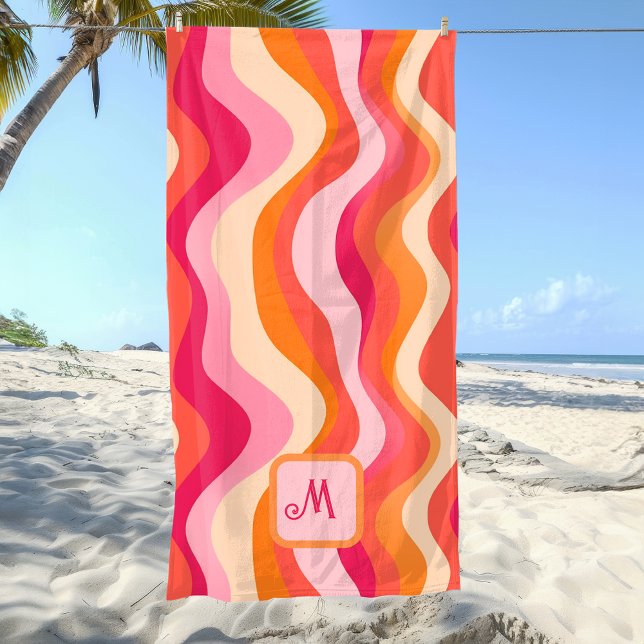 Personalized Retro Sunset Waves – Pink Orange Beach Towel (Personalized Retro Sunset Waves – Pink Orange Beach Towel)