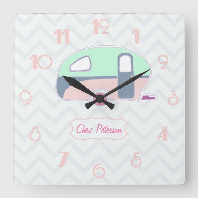 Personalized Retro Vintage Caravan Design Square Wall Clock (Front)