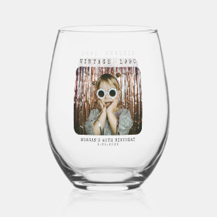 Personalized Retro Vintage Photo Birthday Stemless Wine Glass