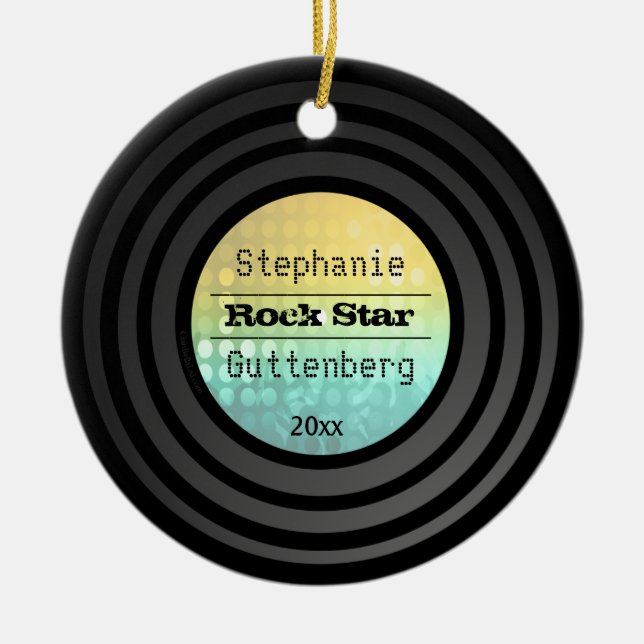 Personalized Retro Vinyl Gold Disco Light Keepsake Ceramic Ornament (Front)