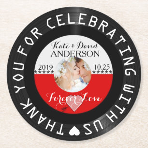 Personalized Retro Vinyl Record Wedding Favor Round Paper Coaster