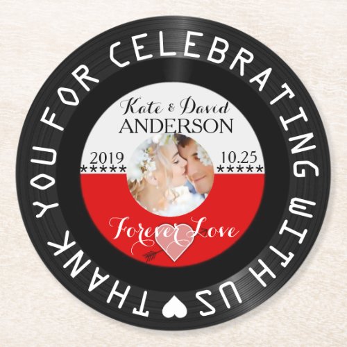 Personalized Retro Vinyl Record Wedding Favor Round Paper Coaster