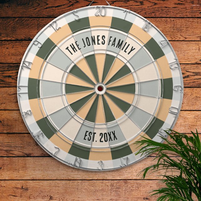 Personalized Retro Warm Tone Family Name Design Dart Board (A retro dartboard in green, sand and white colors, personalized with family name and "est." year)