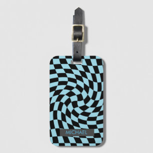 Personalized Retro Warped Black Blue Checkered Luggage Tag