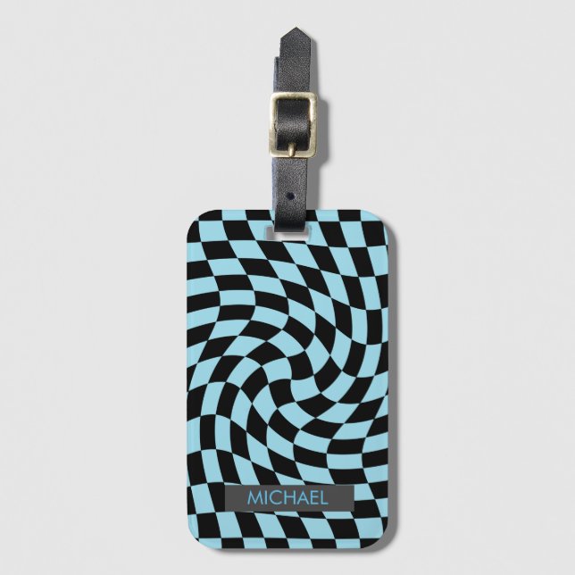 Personalized Retro Warped Black Blue Checkered    Luggage Tag (Front Vertical)